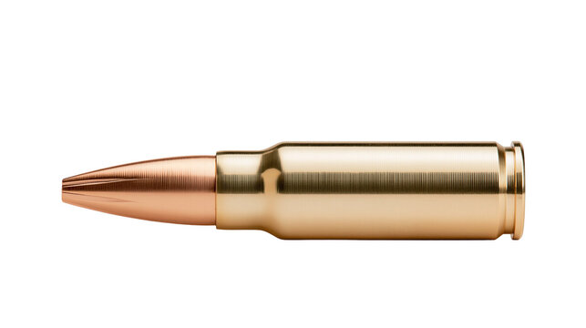 Shiny brass bullet cartridge with copper tip, isolated on transparent background