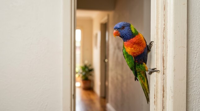 Rainbow lorikeet perched on white door frame. Colorful pet parrot inside a house