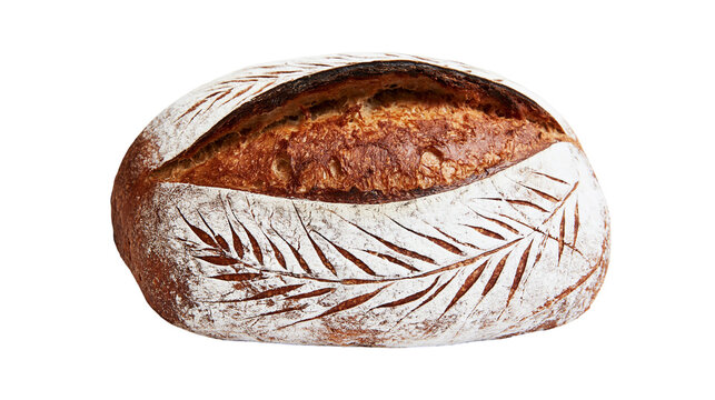 Artisan sourdough bread with leaf scoring dusted with flour, isolated on transparent background