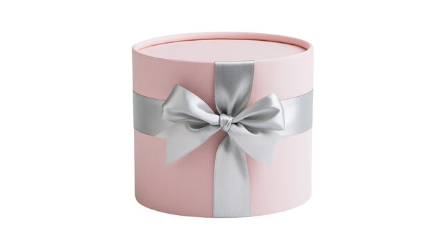 Pink round gift box with silver ribbon and bow, isolated on transparent background