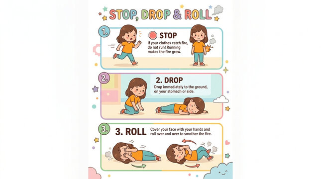 Educational Fire Safety Poster for Kids with Stop Drop and Roll Instruction Illustration