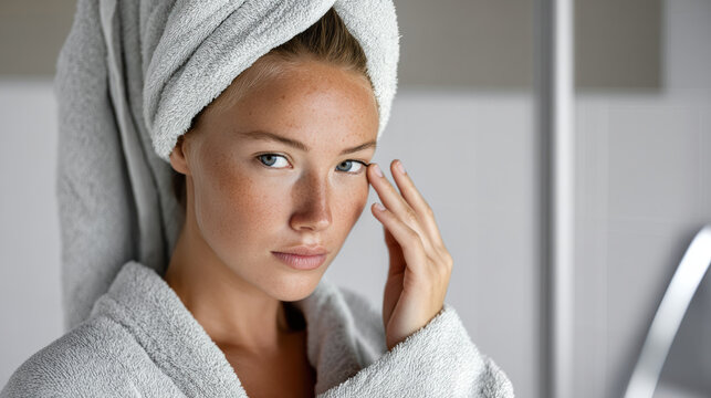 Woman towel robe bathroom skincare natural beauty fresh clean face serene expression healthy skin self care