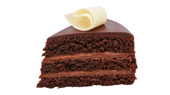 Rich dark chocolate cake slice with creamy filling and white chocolate curl, isolated on transparent background