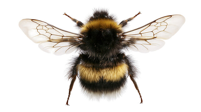 Fluffy bumblebee with black and yellow stripes wings spread, isolated on transparent background