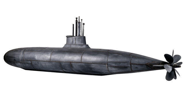 Dark grey metal submarine with propeller and periscopes, isolated on transparent background