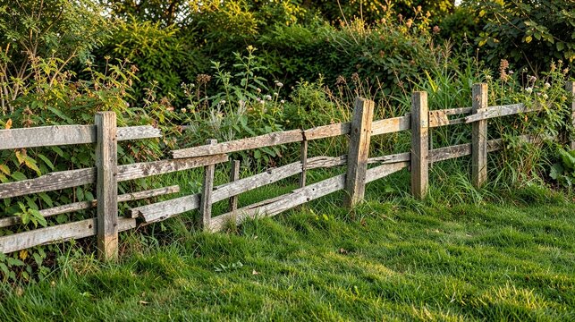Photorealistic rustic backyard boundary made from uneven wooden boards thick green lawn and dense