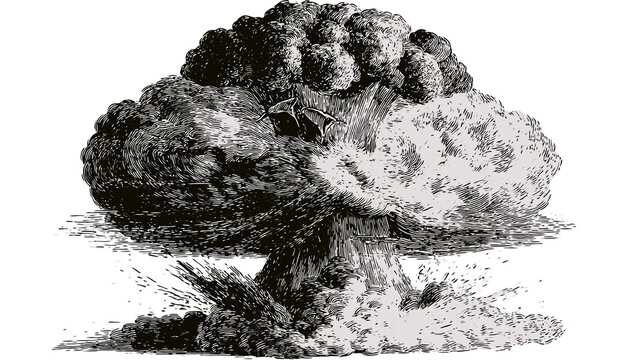 Dramatic mushroom cloud explosion with debris, isolated on transparent background