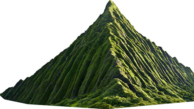 Jagged green mountain peak with lush vegetation, isolated on transparent background