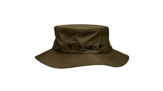 Olive green canvas bucket hat with metal eyelets, isolated on transparent background