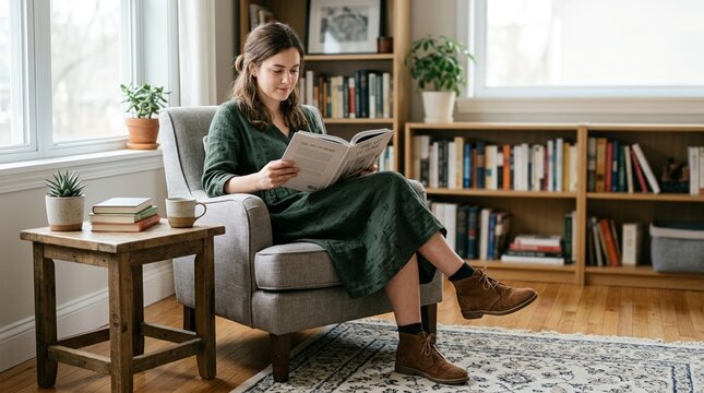 Young woman reading a book in a cozy armchair. Female in a green dress and brown suede ankle boots relaxing at home. Domestic lifestyle concept