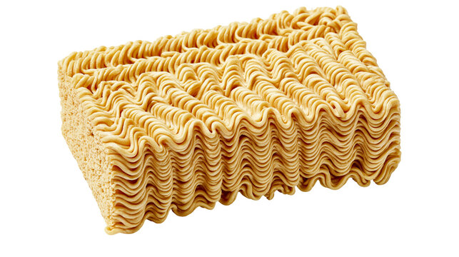 Golden block of dried instant ramen noodles, isolated on transparent background