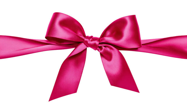 Vibrant pink satin ribbon tied into a bow, isolated on transparent background