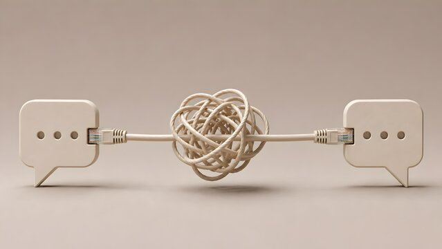 IT network connection error and digital communication problem concept showing two 3D speech bubbles connected by a tangled ethernet cable knot
