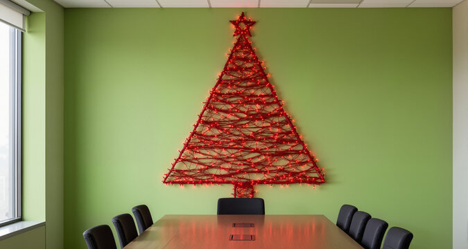 A pistachio green wall in a meeting room is decorated with a 2D Christmas tree made of red string lights.
