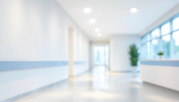 Blurred interior view of a modern hospital corridor with bright lighting and large windows