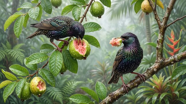 Starlings eating guava