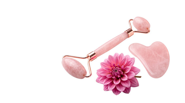 Pink rose quartz facial roller and gua sha stone with dahlia flower. Natural crystal skincare tools for facial massage and wellness.