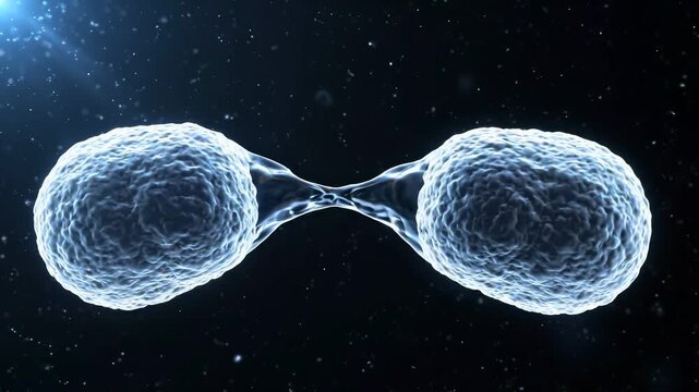 A single oval bacterium constricts at its center and splits cleanly into two daughter cells in this CGI binary fission sequence. Bacteria reproduction