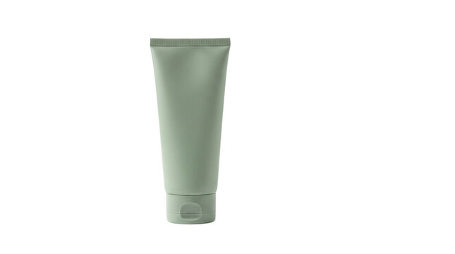Sage green cosmetic tube mockup, matte plastic cream container on white background, blank skincare packaging for branding
