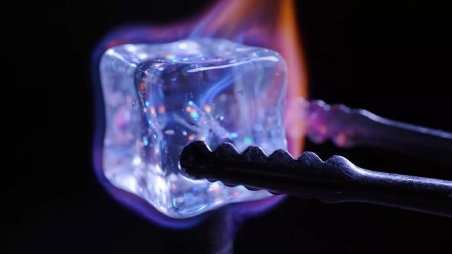 Conceptual Fire and Ice Burning Ice Cube Held in Metal Tongs Close Up