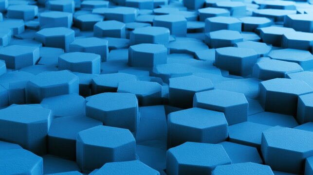 The scene shows a blue hexagon pattern with soft extrusion and shadows creating a geometric tech background in a digital setting