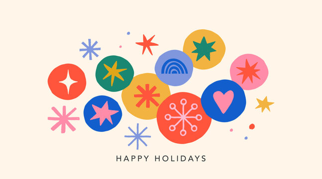 Colorful Happy Holidays greeting card with hand drawn star, snowflake, rainbow and heart symbols in geometric circles. Nordic folk vector Christmas design