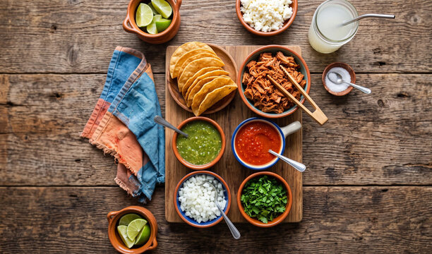 A traditional Mexican Chalupas Station concept: small fried corn tortillas, red and green salsa coatings, shredded cooked jackfruit, diced white onion, cilantro, brightly lit from above, presented