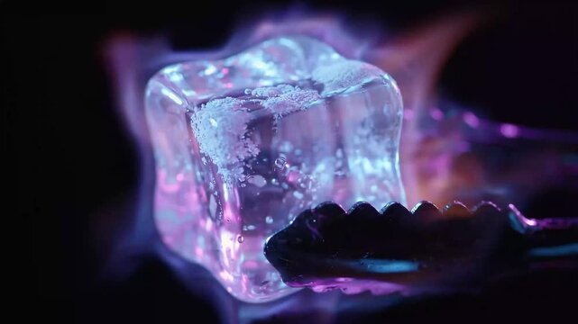 Conceptual Fire and Ice Burning Ice Cube Held in Metal Tongs Close Up