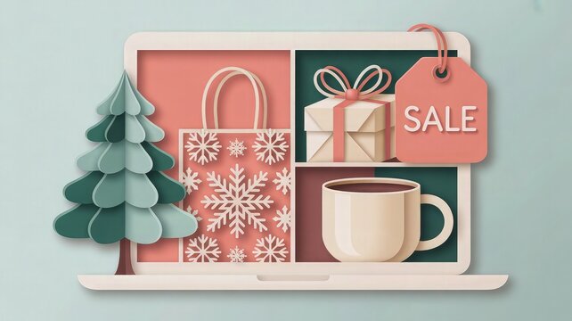 Laptop computer designed as a 3D paper cut display box featuring festive Christmas gifts and retail shopping icons.