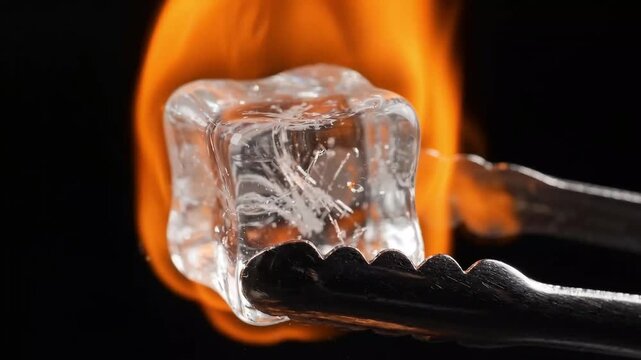 Fire and Ice Concept Burning Clear Ice Cube Held with Metal Tongs