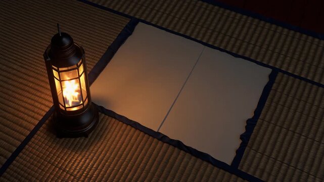 Traditional Japanese Andon Lamp Glowing Beside Blank Paper on Tatami Floor
