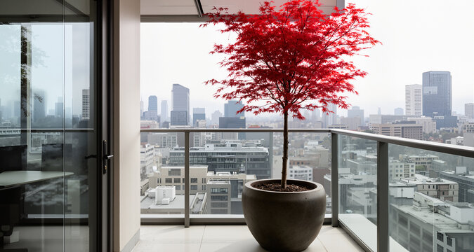 A modern office balcony overlooking the city, with a small, wind-resistant red tree in a heavy pot.
