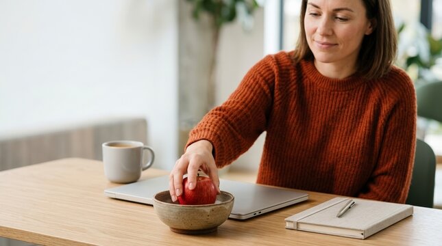 Close up of a woman reaching for a red apple on a wooden desk. Healthy snack break during work with laptop and notebook. Female freelancer in an orange sweater at home office