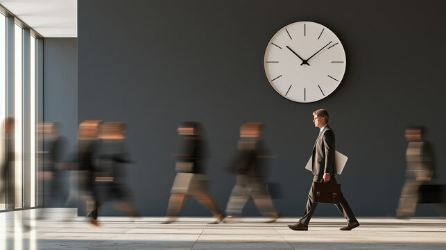 Busy business people walking past large office clock symbolizing time management and work deadline
