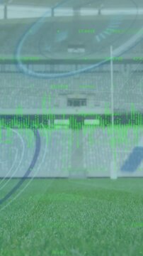 Animation of data processing and scope scanning over african american rugby player at stadium