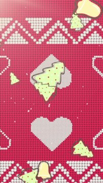 Animation of bells and trees falling over christmas pattern and decorations