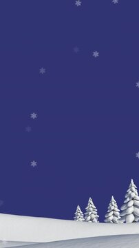 Multiple stars falling over trees on winter landscape against blue background