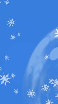 Animation of snow falling over christmas bauble decorations on blue background