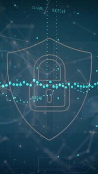 Animation of data processing over security padlock icon and network of connections