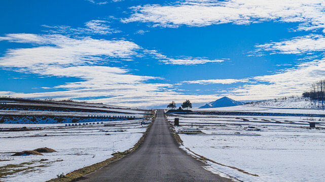 雪景色の中の一本道と青空