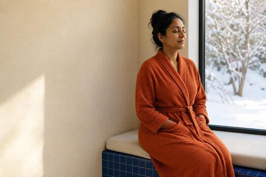 Woman relaxing in terracotta robe by snowy spa window with copy space