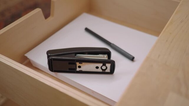 Stapler and pen on a desk in a wooden drawer
