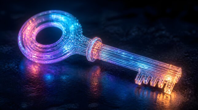 A surreal and vibrant cinematic photo of a physical key made of fiber-optic cables with glowing light, futuristic cybersecurity and data access concept