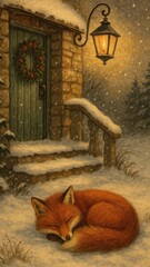 Fototapeta premium Cozy fox under snowy lantern mobile wallpaper