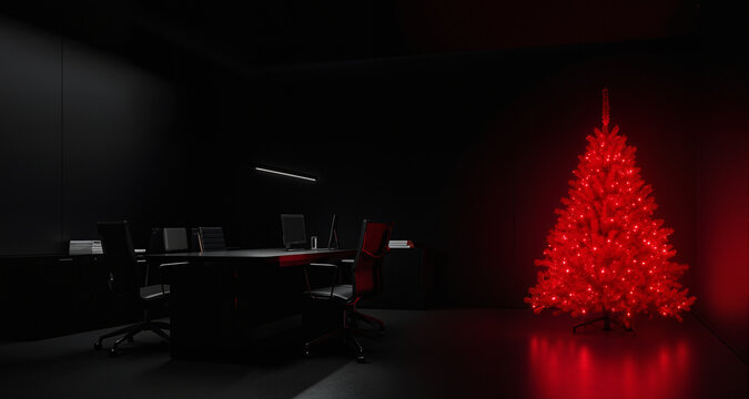 A sleek, black office interior is dramatically punctuated by a single, glowing red Christmas tree in the corner.
