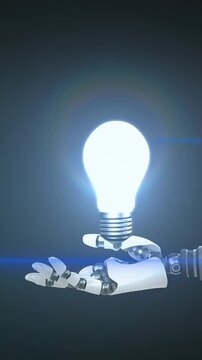 Animation of illuminated light bulb over hand of robot arm, with moving light on dark background