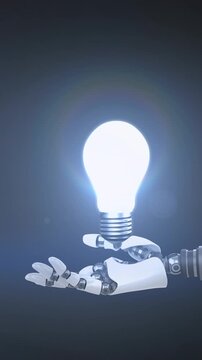 Animation of illuminated light bulb over hand of robot arm, with moving light on dark background