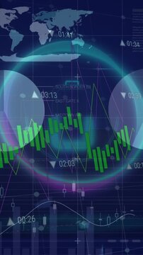 Animation of battery icon in oval shape over infographic interface against abstract background