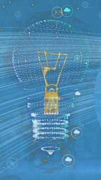Animation of icons over 3d light bulb over binary codes on globe against abstract background