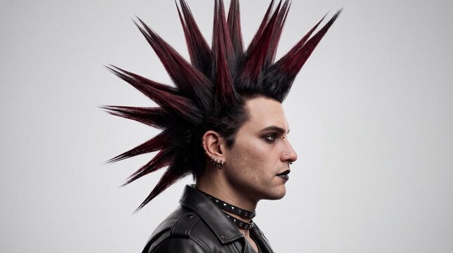 Punk man with a dramatic spiked mohawk, shaved sides, dark alternative styling, and rebellious fashion photographed in profile against a neutral background.